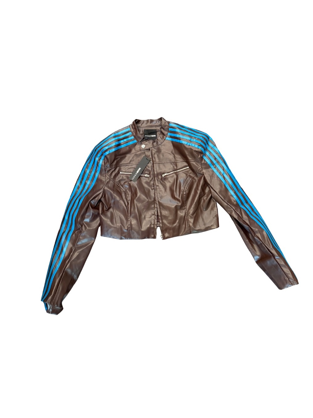 New! Fashion Nova Brown Faux Leather Moto Jacket with Bright Blue Sleeve Stripes